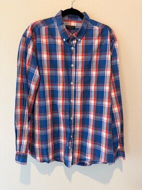 Double Pump Blue Red Plaid Button Down Shirt Men's 2XL Long Sleeve Cotton